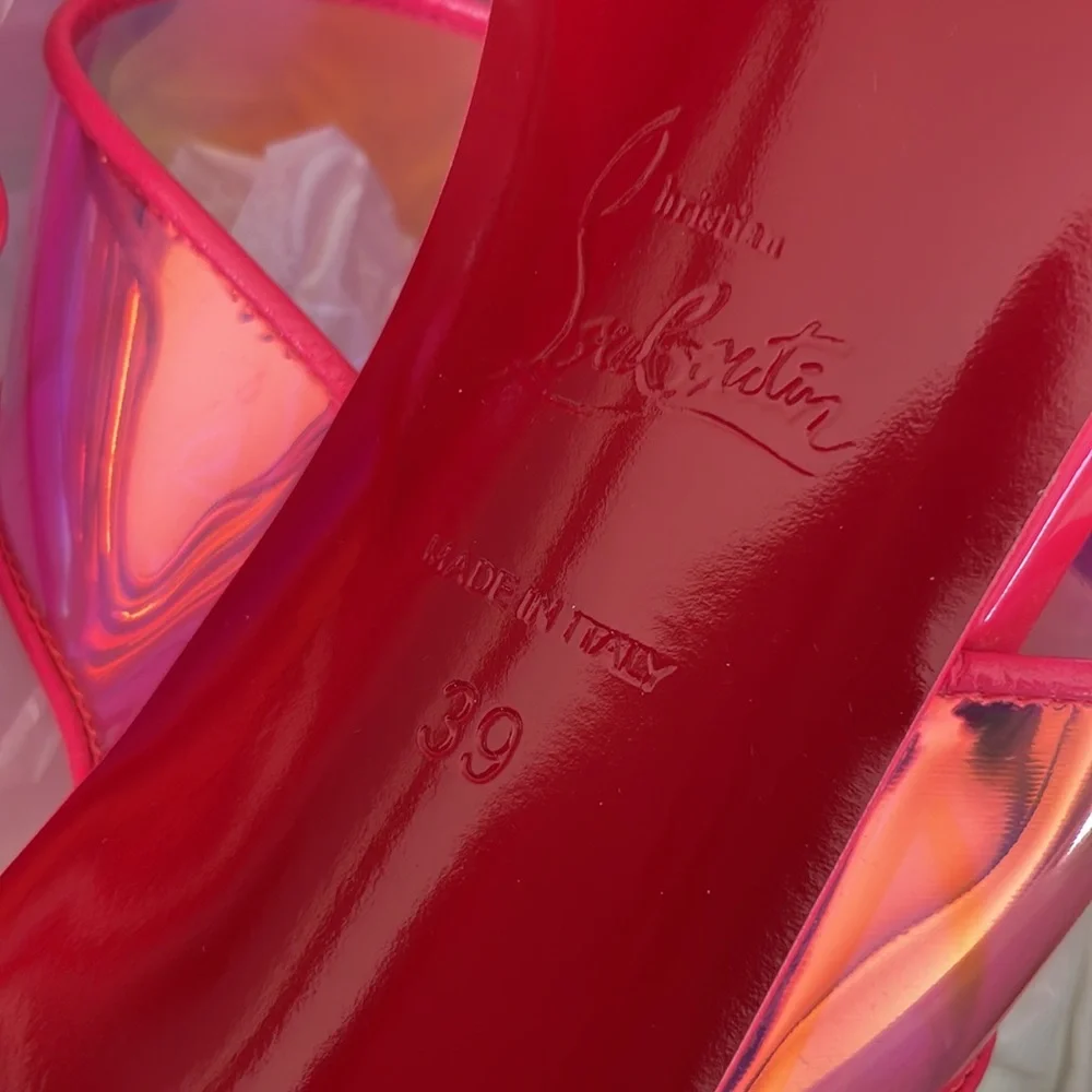 Christian Louboutin just loubi pink neon stiletto sandal pvc sz 39 85mm